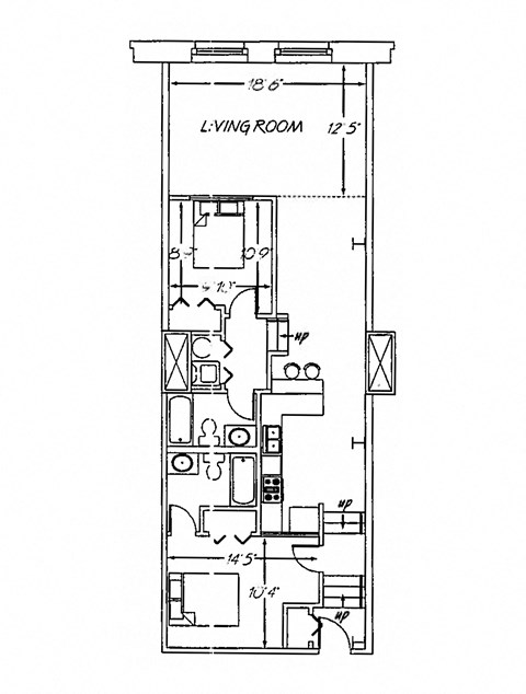 Floor plan for 2 beds, 2 baths, 1027 sqft